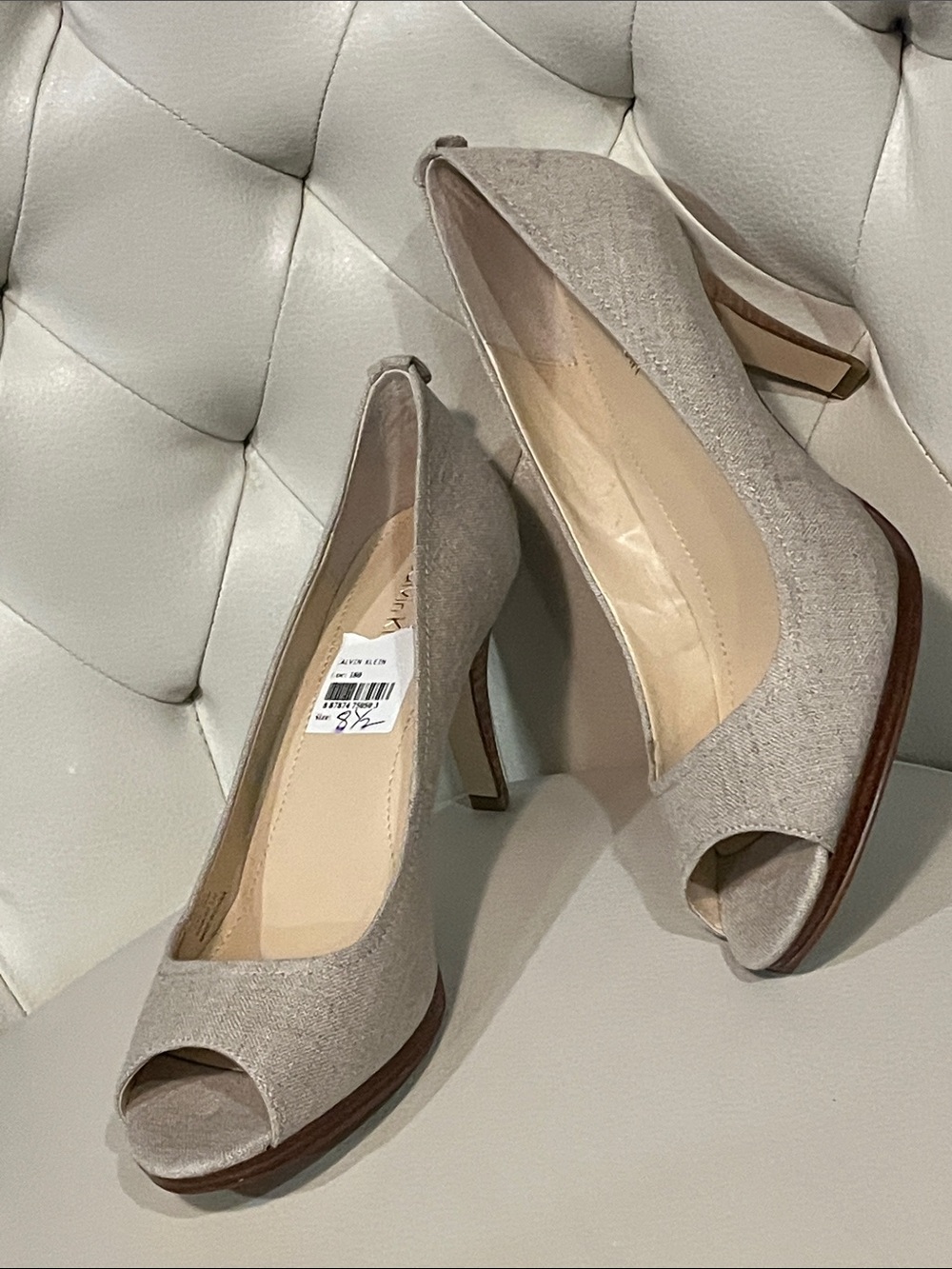 Calvin Klein Linen-Look Beige Peep-Toe Pumps